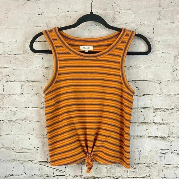 Madewell XS Audio Knot-Front Tank Top Striped Rust Navy Blue Yellow Gold L8971 - Picture 2 of 9